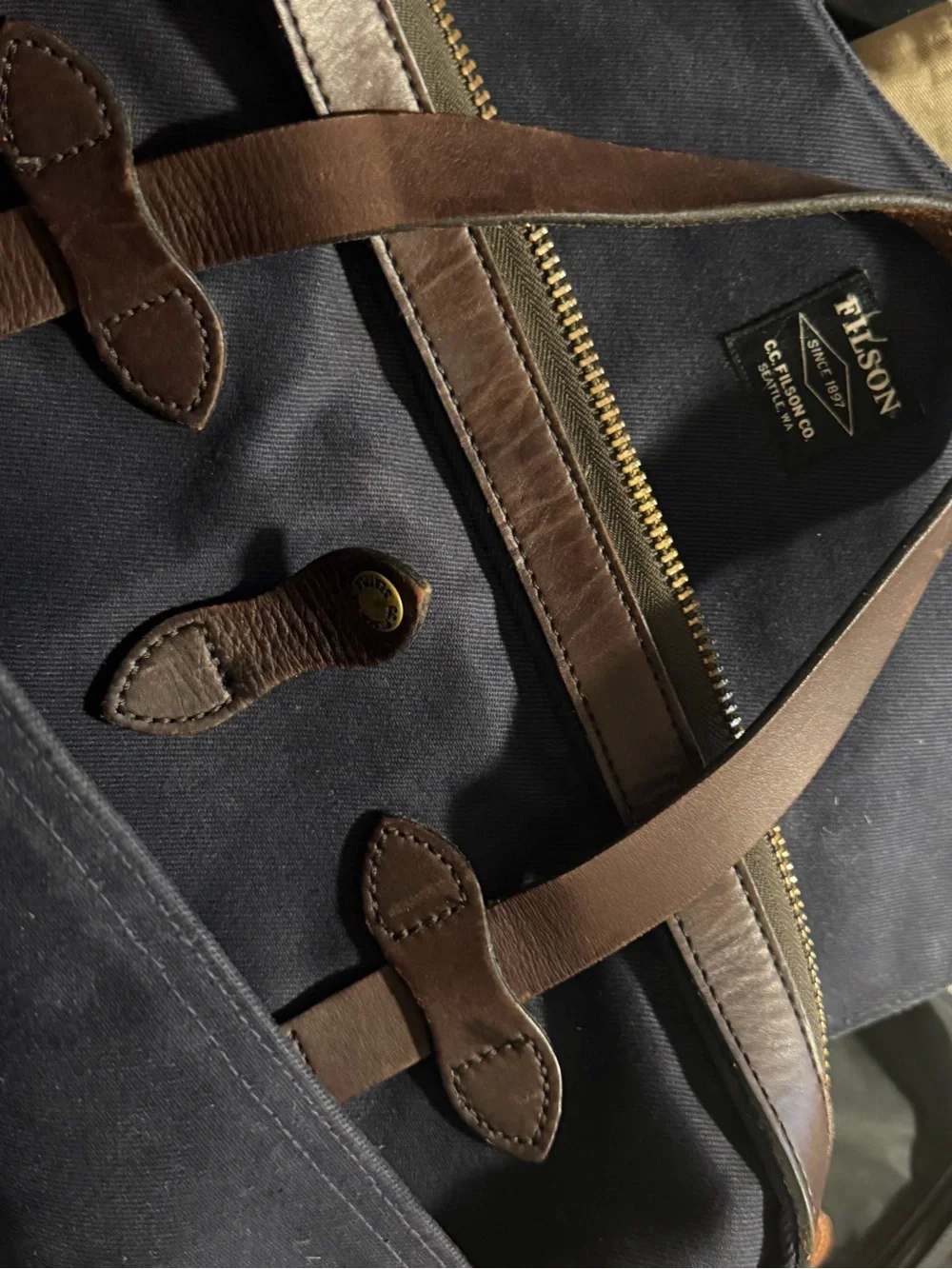 Filson Navy Canvas Briefcase with Brown Leather Handles